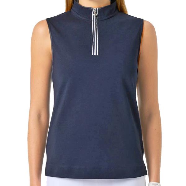 Daily Sports Kim Sleeveless Cotton Blend Navy Zip Pique Shirt $76.99