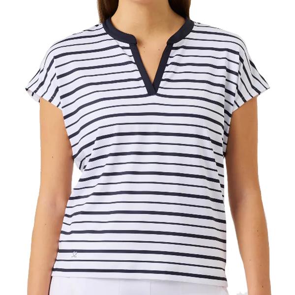 Daily Sports Itami White-Navy Stripe Open V-Front Crew Cap Sleeve $99