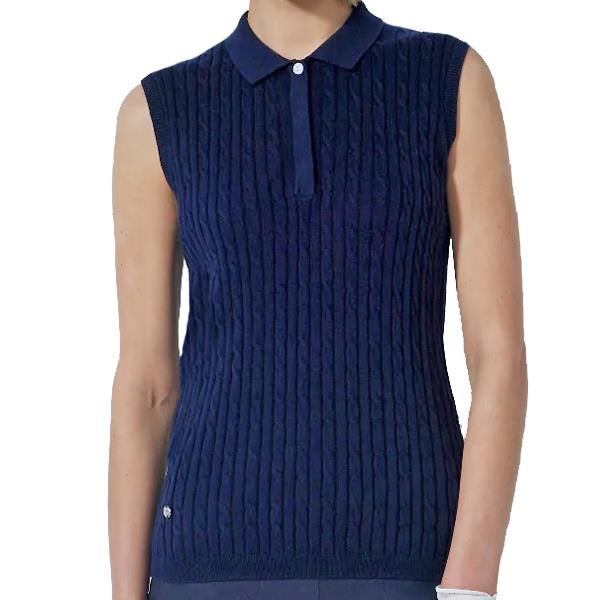Daily Sports Madelene Navy Sleeveless Cotton-Cashmere Cable Knit Polo $139.99