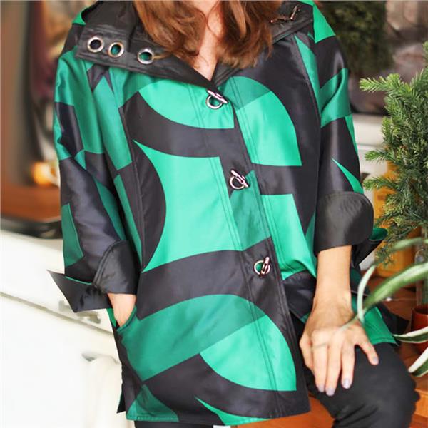 Oopera Lindi Aria Green Multi Bold Abstract and Black Reversible Toggle Button Rain Jacket
