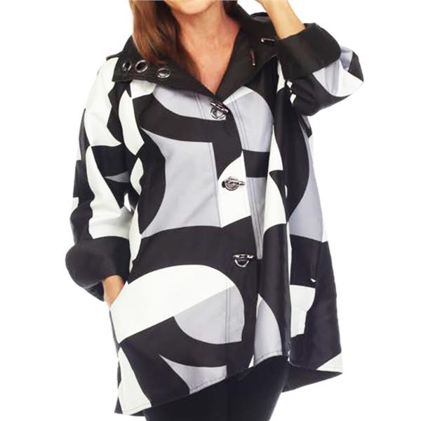 Oopera Lindi Aria Grey Multi Bold Abstract and Black Reversible Toggle Button Rain Jacket