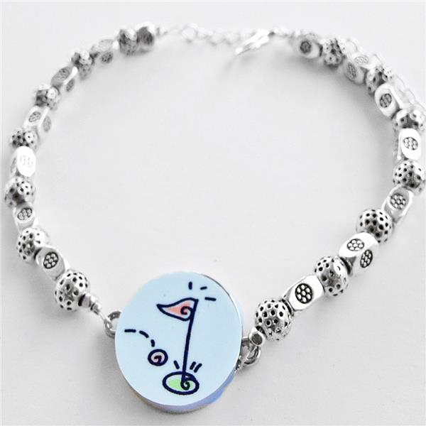 Par 3 Ankle Bracelet Rectangular and Mini Golf Ball Shape Pewter Bead