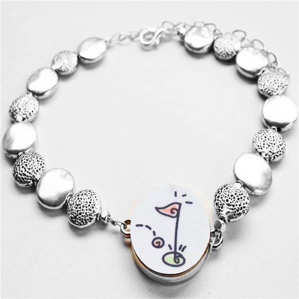 Par 3 Ankle Bracelet Textured and Shiny Flat Golf Ball Shape Pewter