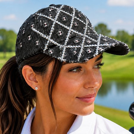 Argyle Studded Black Washed Denim Baseball Cap with Leopard $39.99