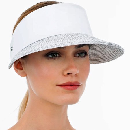 Eric Javits Champ Metallic Silver Brim with Ice White UPF50+ Sun Visor Blocks 95% of Harmful Rays: $188