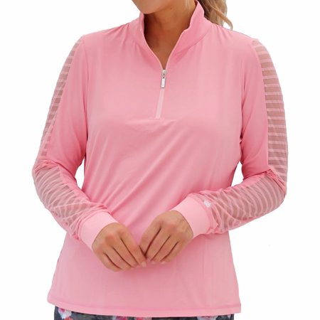 Famara Grapefruit Pink Mesh Ladder Stripe Sleeve Mockneck $119