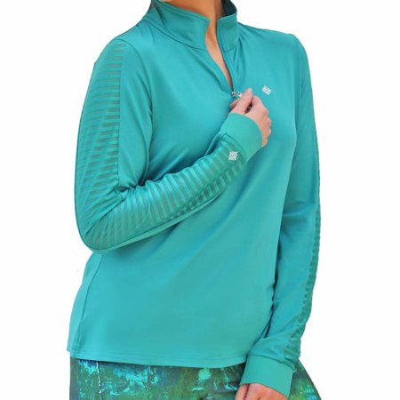 Famara Jade Mesh Ladder Stripe Sleeve Mockneck $119