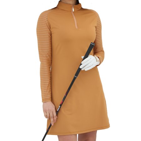 Famara Camel Raglan Ladder Mesh Stripe Long Sleeve Skater Dress $160