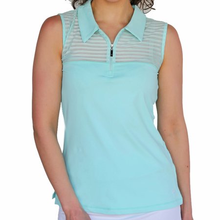 Famara Aqua Sheer Mesh-Ribbon Stripe Front Sleeveless Zip Shirt $112