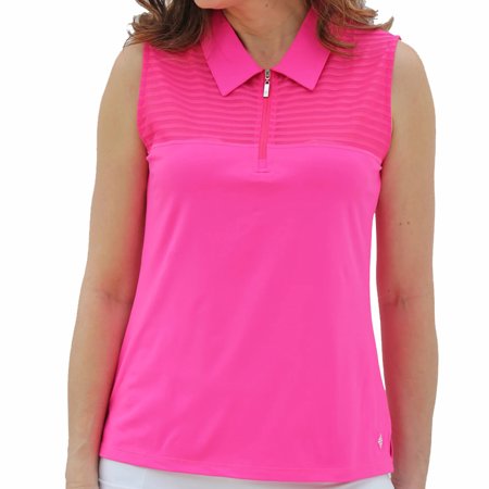 Famara Hot Pink Sheer Mesh-Ribbon Stripe Front Sleeveless Zip Shirt $112