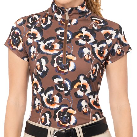 Kastel UPF30+ Pansies Chocolate Zip Mock Cap Sleeve $89