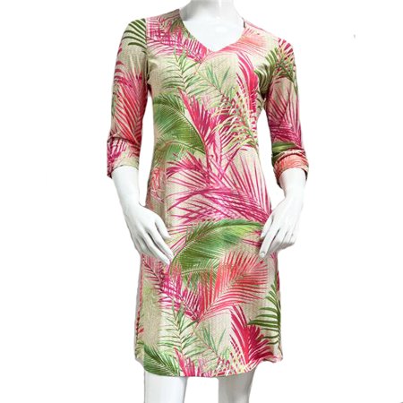 KENNY DANA Bali Palms-Woven 3/4 Sleeve V-Neck Dress UPF50+ $102.20