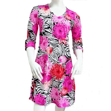 KENNY DANA Zebra Mums Sleeveless Ruffle Y-Neck Dress UPF50+ $102.20