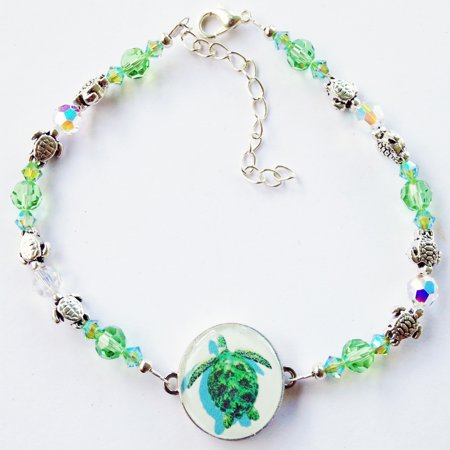 Swarovski Peridot Green with Pewter Turtles Golf Ball Marker Ankle Bracelet $45